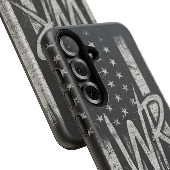 Distressed American flag design on a Patriotic Monogram tough phone case featuring the initials WR by Printify.
