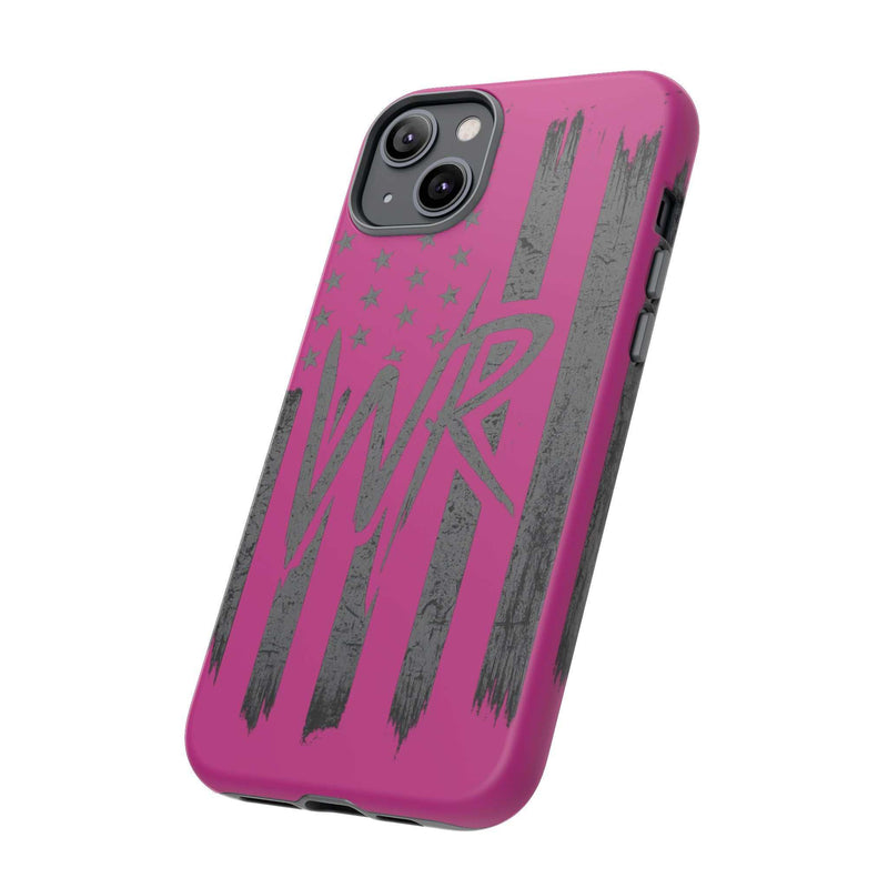 Pink 'WR' Flag Tough Phone Case by Printify with durable design and vibrant flag pattern for protection and style.