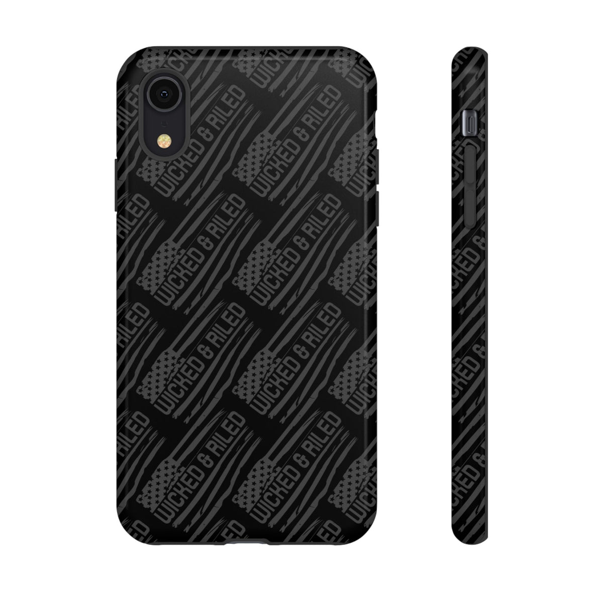 Rugged black protective phone case by Printify featuring a textured "TOUGH CASES" pattern.