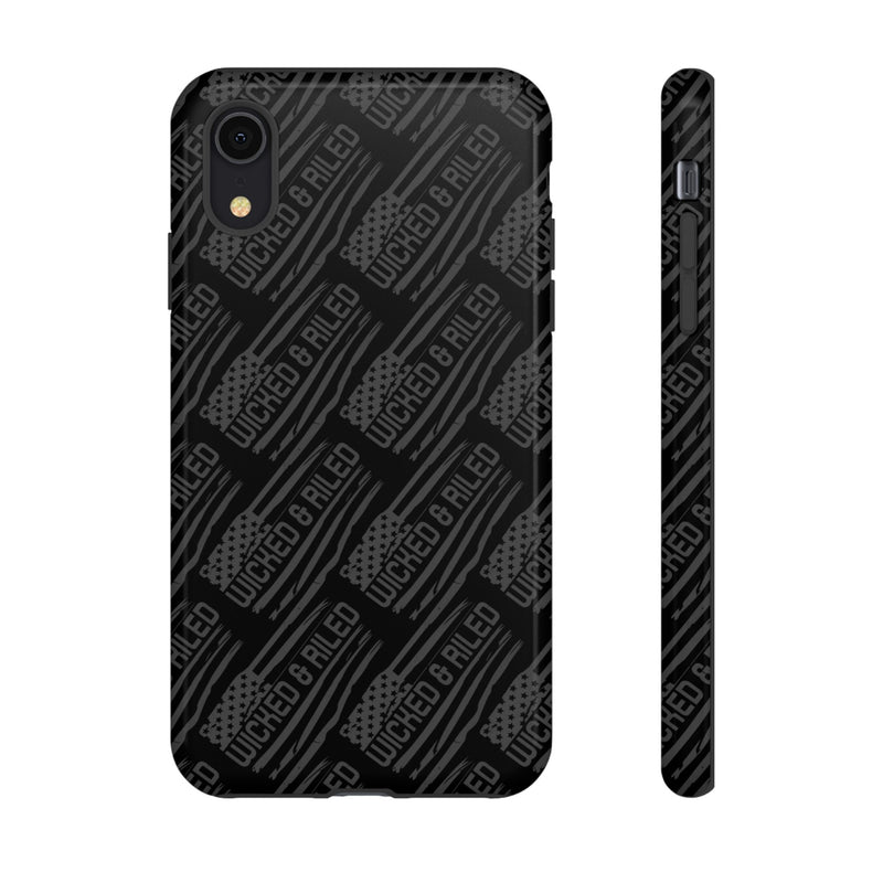 Rugged black protective phone case by Printify featuring a textured "TOUGH CASES" pattern.