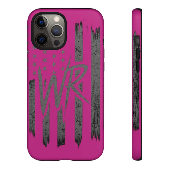 Pink 'WR' Flag Tough Phone Case by Printify with durable design and flag graphic on a sleek surface.