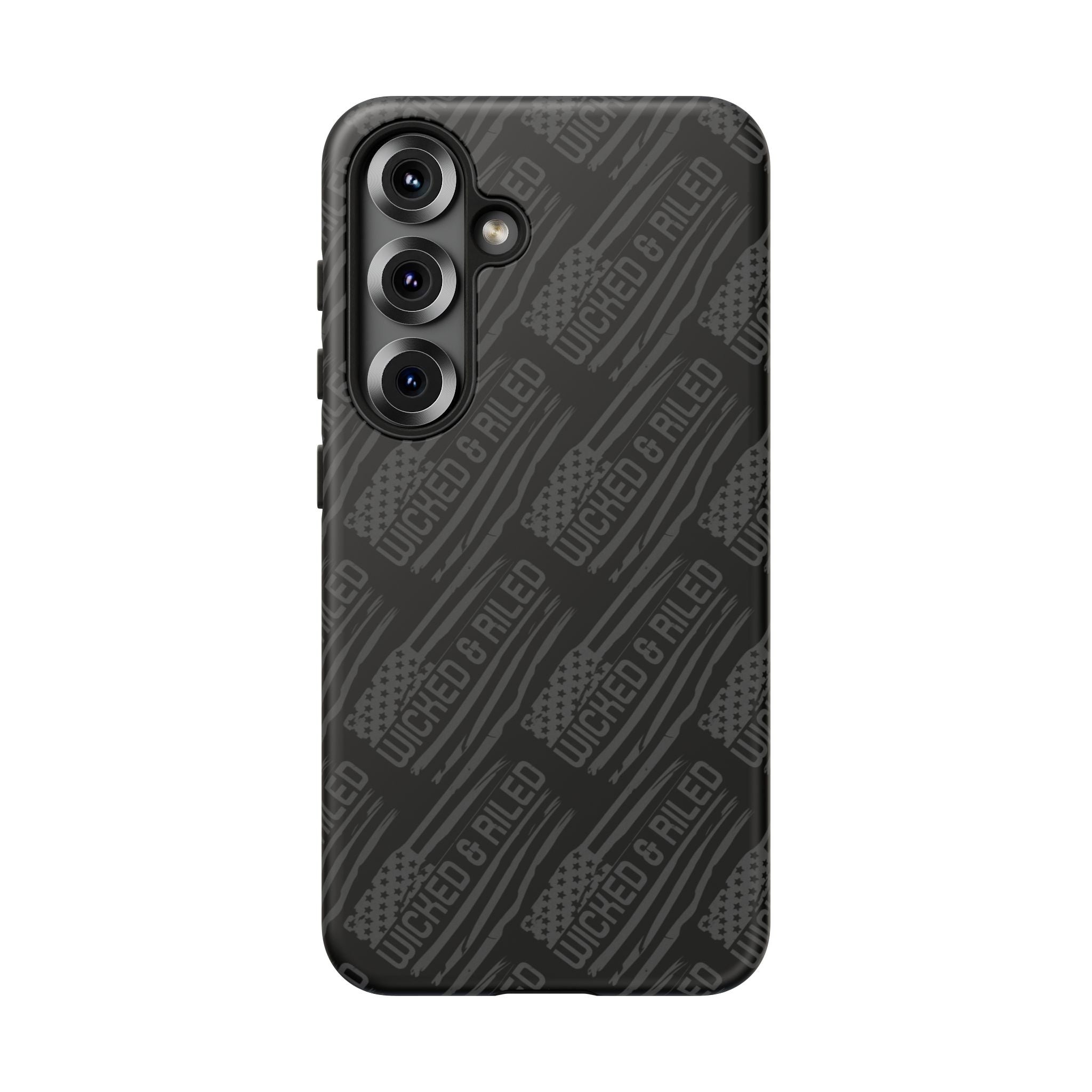 Rugged black protective phone case with "TOUGH CASES" text pattern by Printify, showcasing durability and style.