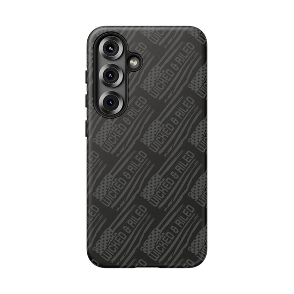 Rugged black protective phone case with "TOUGH CASES" text pattern by Printify, showcasing durability and style.