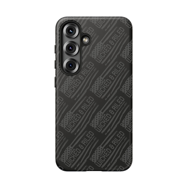 Rugged black protective phone case with "TOUGH CASES" text pattern by Printify, showcasing durability and style.
