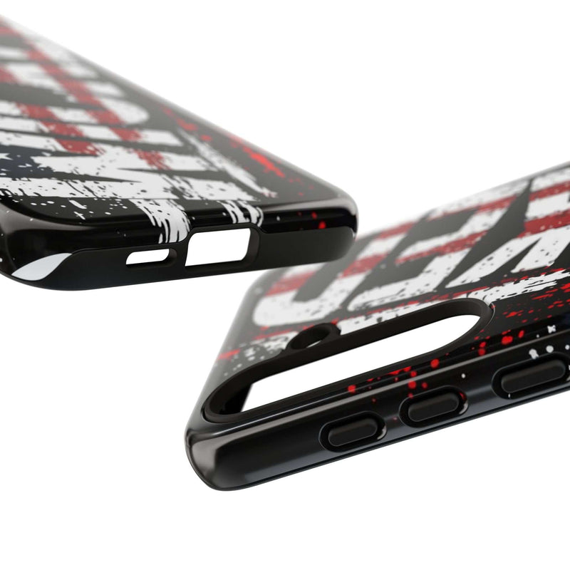 Distressed American flag phone case featuring "VETERAN" graphic by Printify, offering rugged patriotic protection.