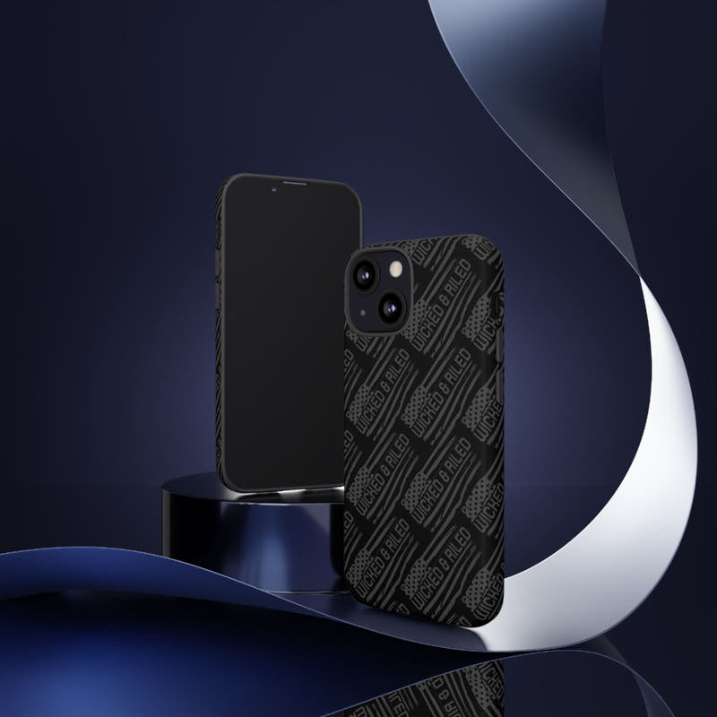Rugged black protective phone case by Printify featuring a textured "TOUGH CASES" pattern for enhanced grip.
