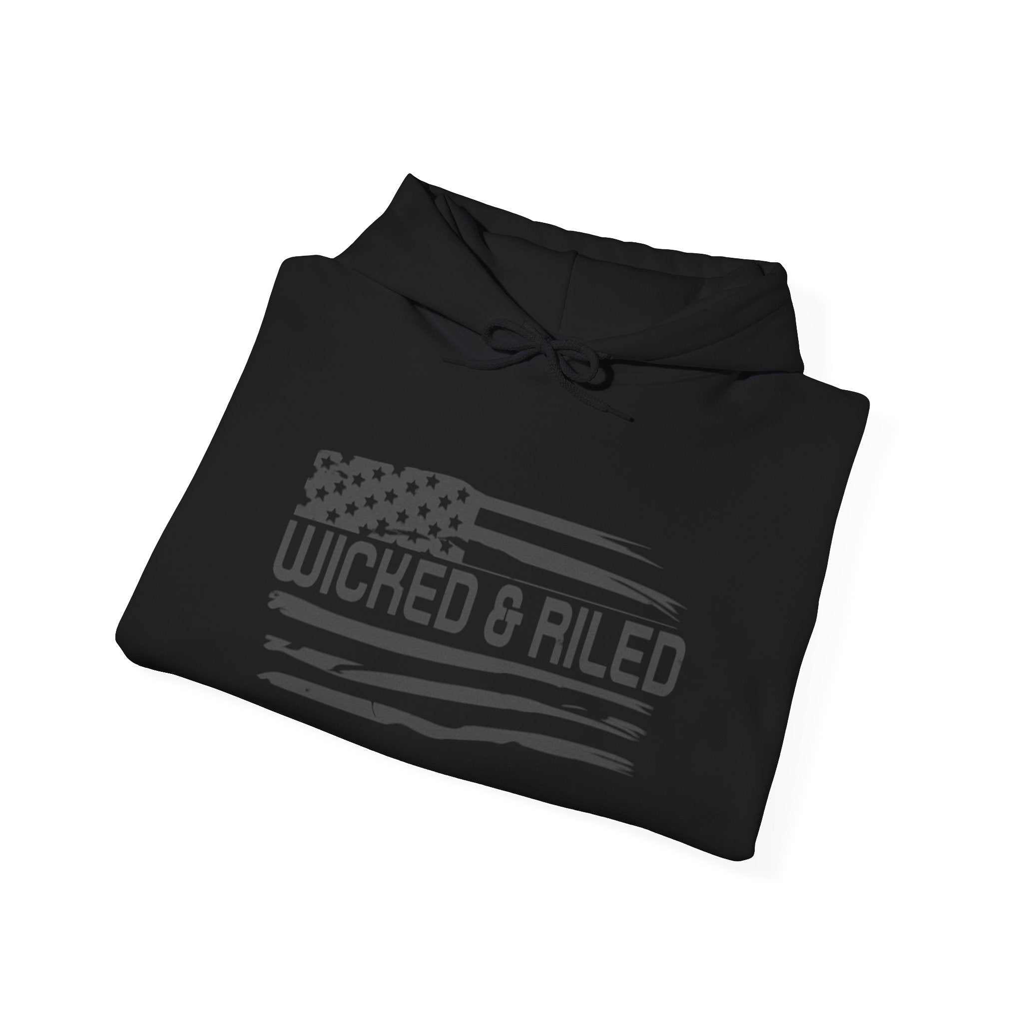 Distressed American logo on a Wicked & Riled pullover hoodie by Printify, showcasing a cozy and stylish design.