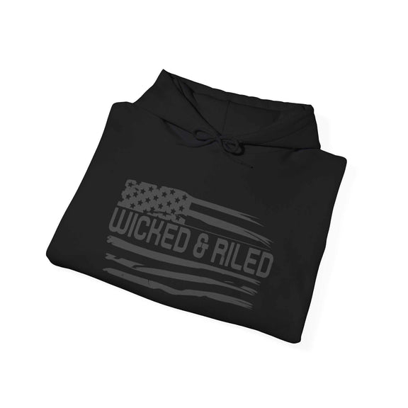 Distressed American logo on a Wicked & Riled pullover hoodie by Printify, showcasing a cozy and stylish design.