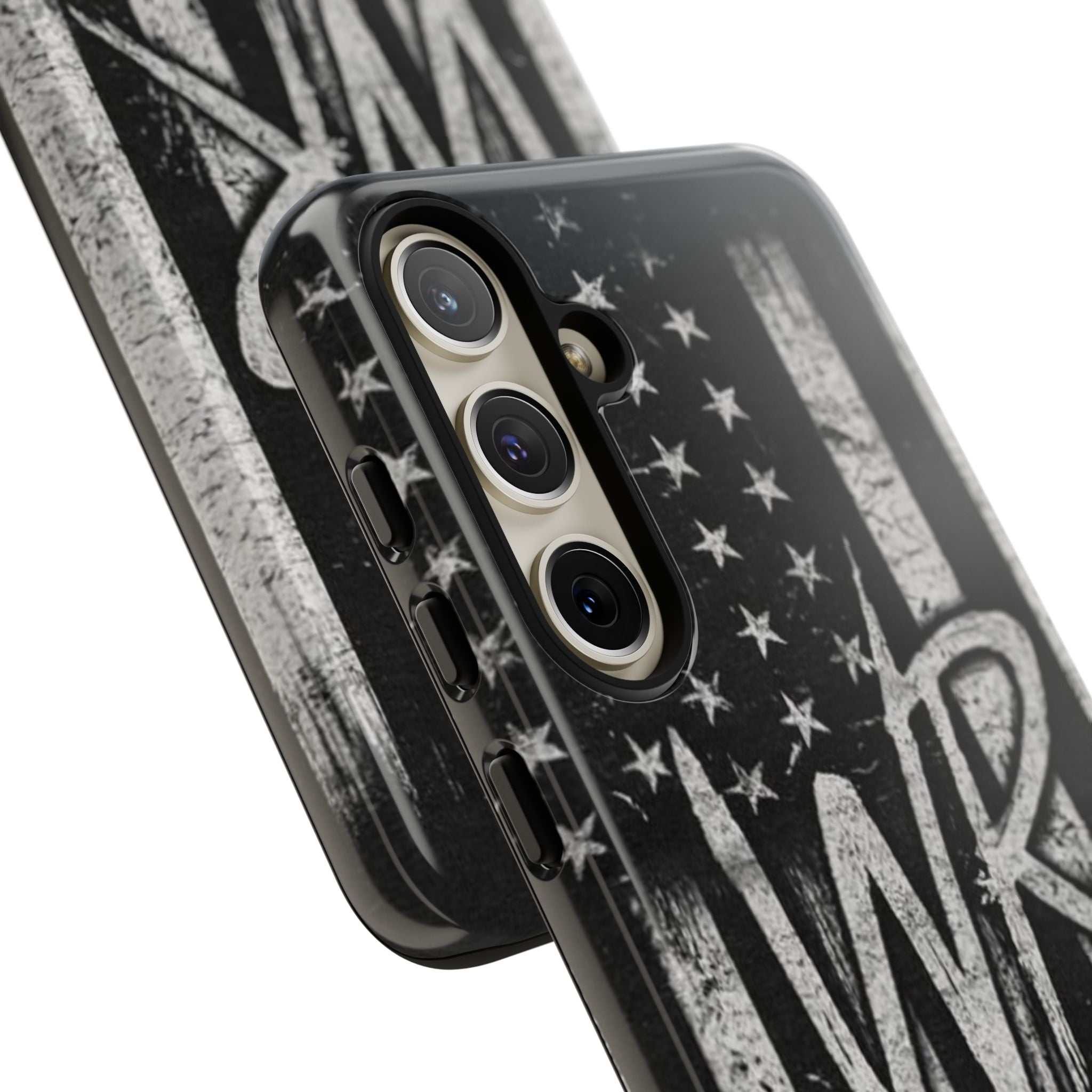 Distressed American flag phone case featuring a patriotic monogram "WR" by Printify.