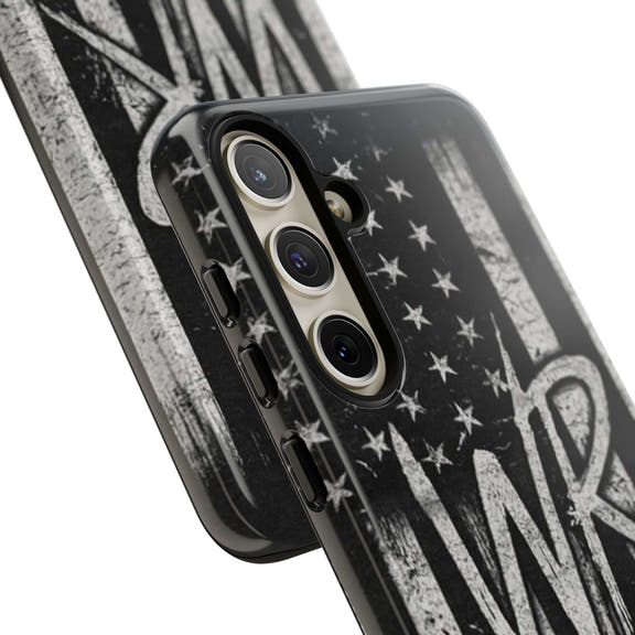 Distressed American flag phone case featuring a patriotic monogram "WR" by Printify.