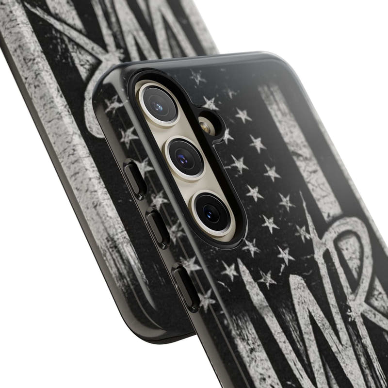 Distressed American flag phone case featuring a patriotic monogram "WR" by Printify.