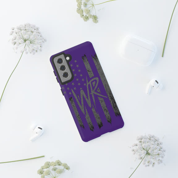 Purple 'WR' flag tough phone case by Printify showcasing durable design and vibrant color.