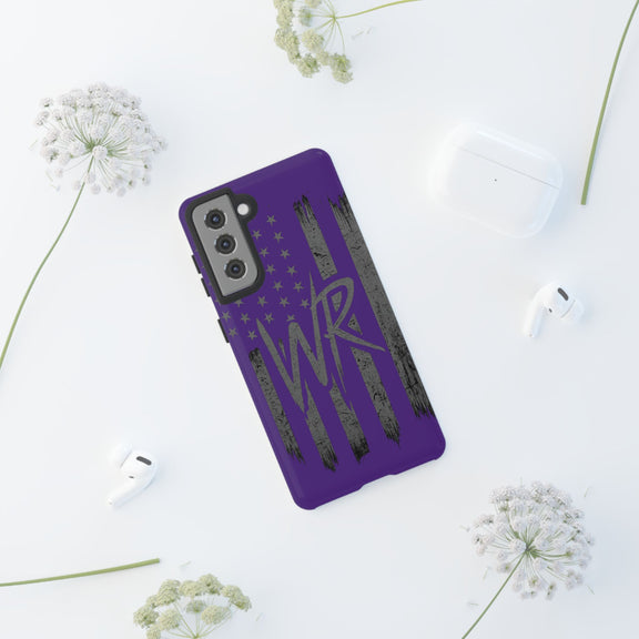 Purple 'WR' flag tough phone case by Printify showcasing durable design and vibrant color.