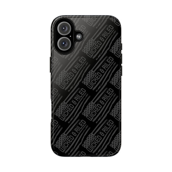 Rugged black protective phone case by Printify with a textured "TOUGH CASES" pattern for enhanced grip and durability.