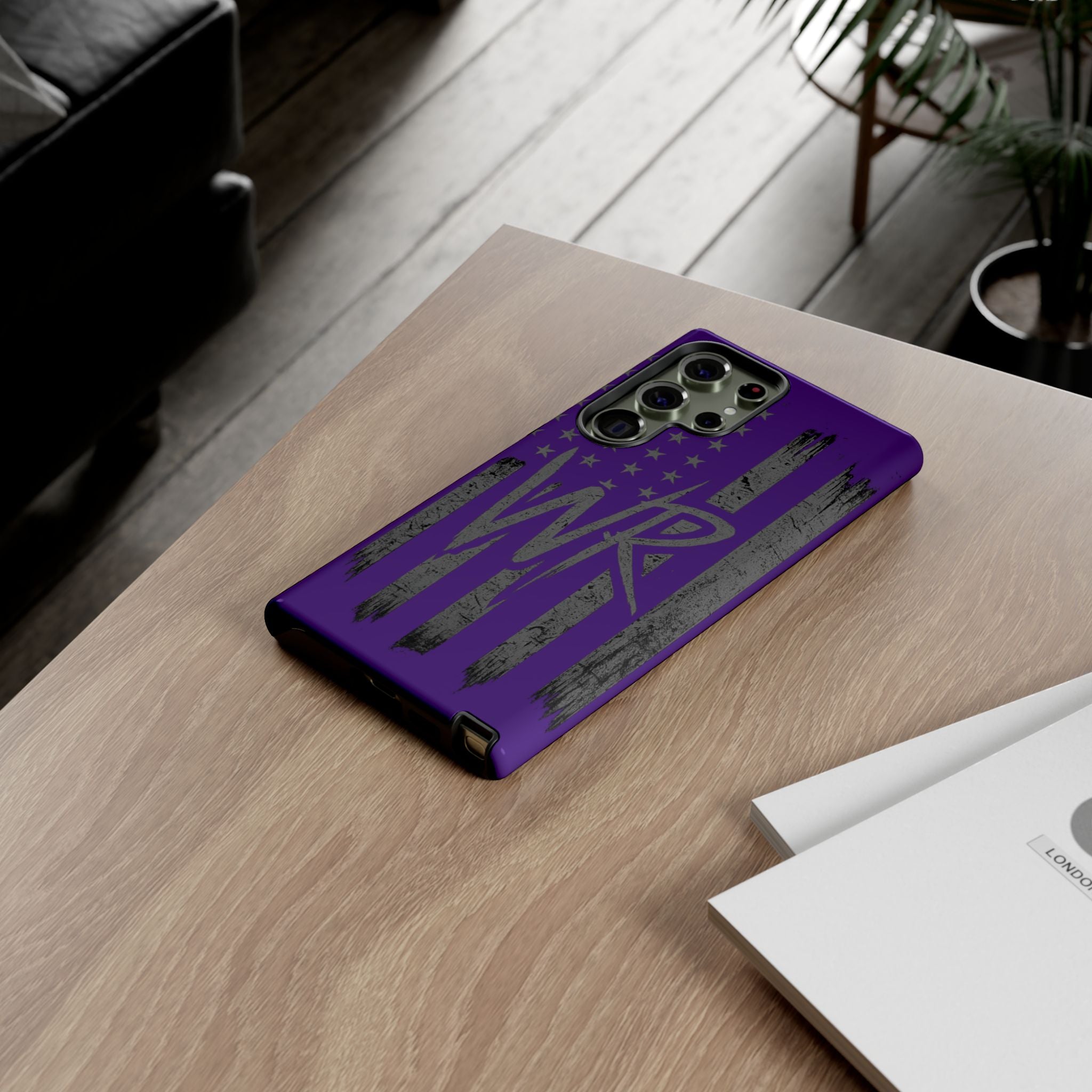Purple 'WR' flag tough phone case by Printify, showcasing a durable design with vibrant colors and a sleek fit for smartphones.