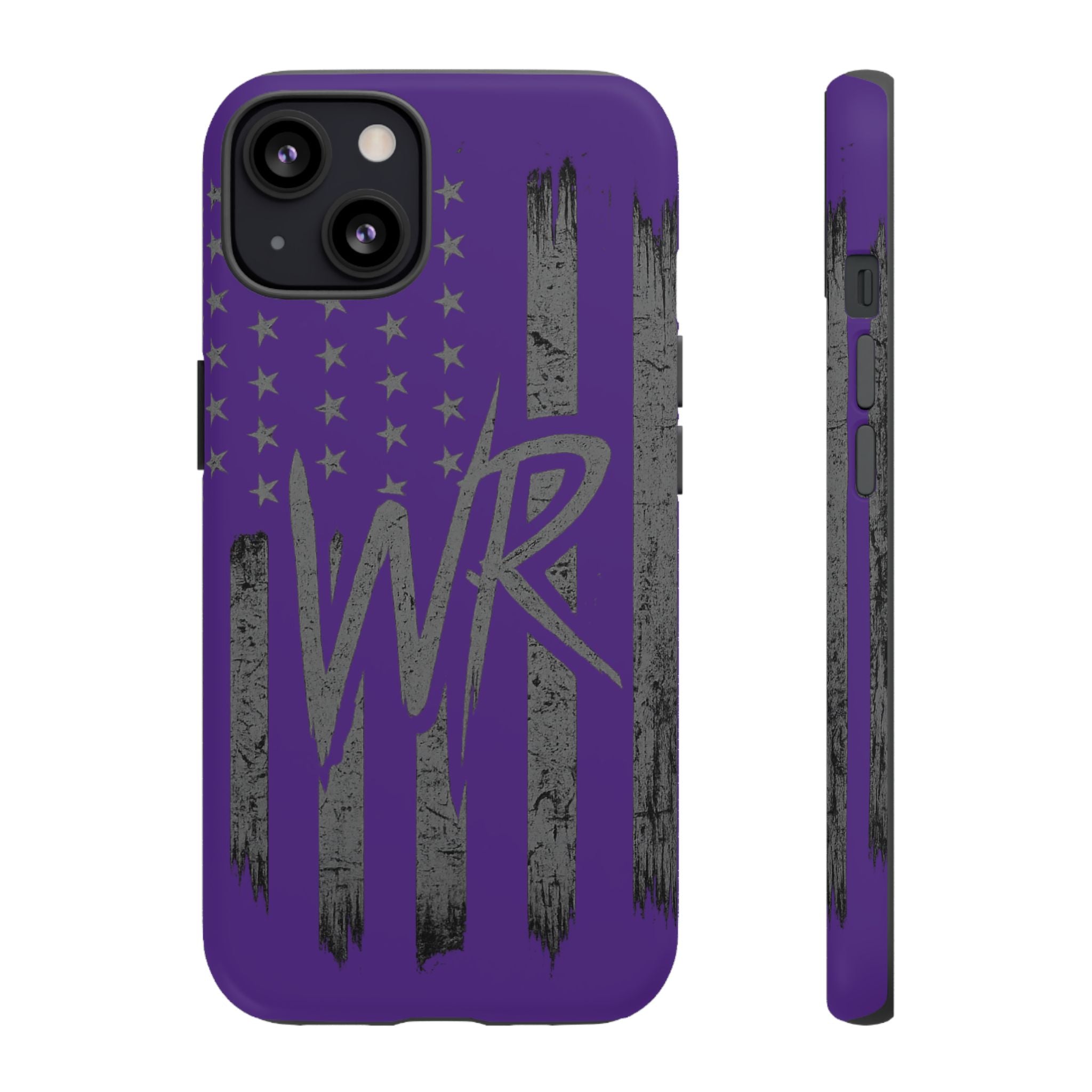 Purple 'WR' flag tough phone case by Printify with a rugged design and precise cutouts for buttons and camera.
