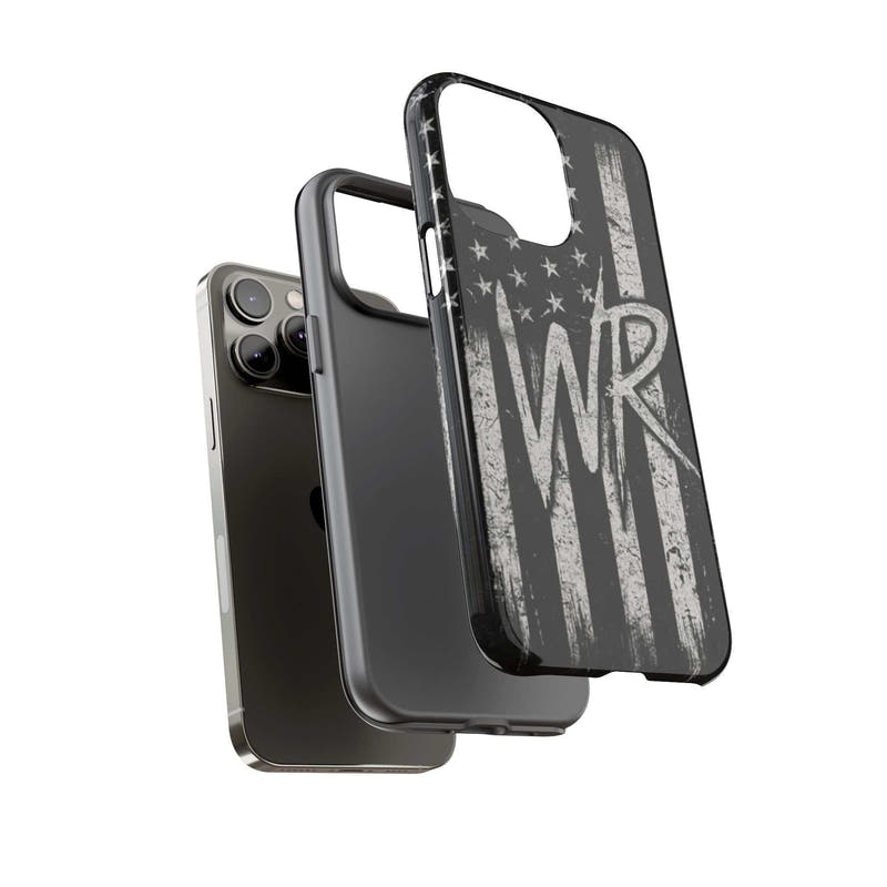 Patriotic monogram tough phone case featuring a distressed American flag design with WR initials by Printify.