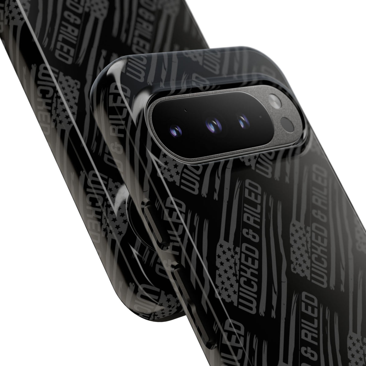 Rugged black protective phone case by Printify featuring a textured "TOUGH CASES" pattern for enhanced grip and durability.