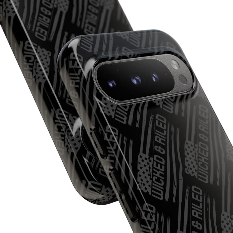 Rugged black protective phone case by Printify featuring a textured "TOUGH CASES" pattern for enhanced grip and durability.
