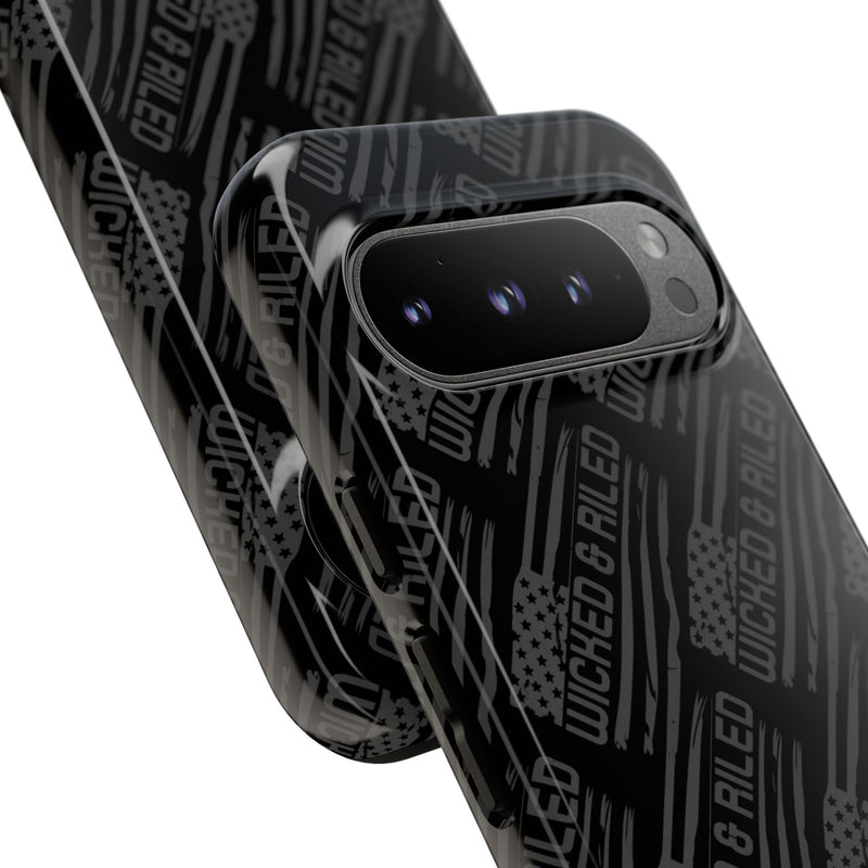Rugged black protective phone case by Printify featuring a textured "TOUGH CASES" pattern for enhanced grip and durability.