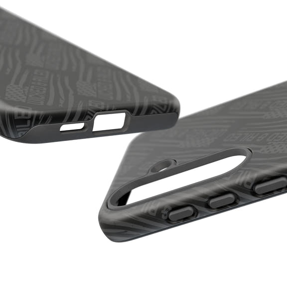 Rugged black protective phone case with "TOUGH CASES" text pattern by Printify, showcasing durable design and textured surface.