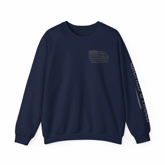 Wicked Americana crewneck sweatshirt by Printify featuring a bold Wicked Flag design in red, white, and blue.