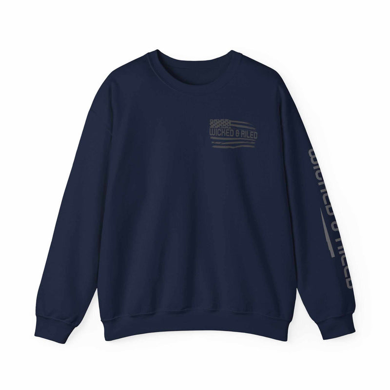 Wicked Americana crewneck sweatshirt by Printify featuring a bold Wicked Flag design in red, white, and blue.