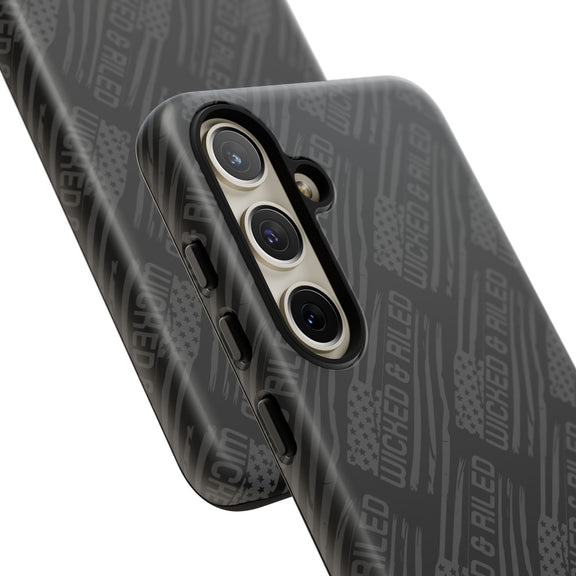 Rugged black protective phone case by Printify featuring a textured 'TOUGH CASES' pattern.
