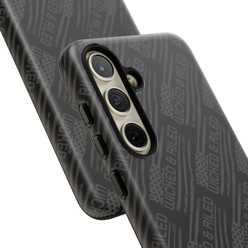 Rugged black protective phone case by Printify featuring a textured 'TOUGH CASES' pattern.
