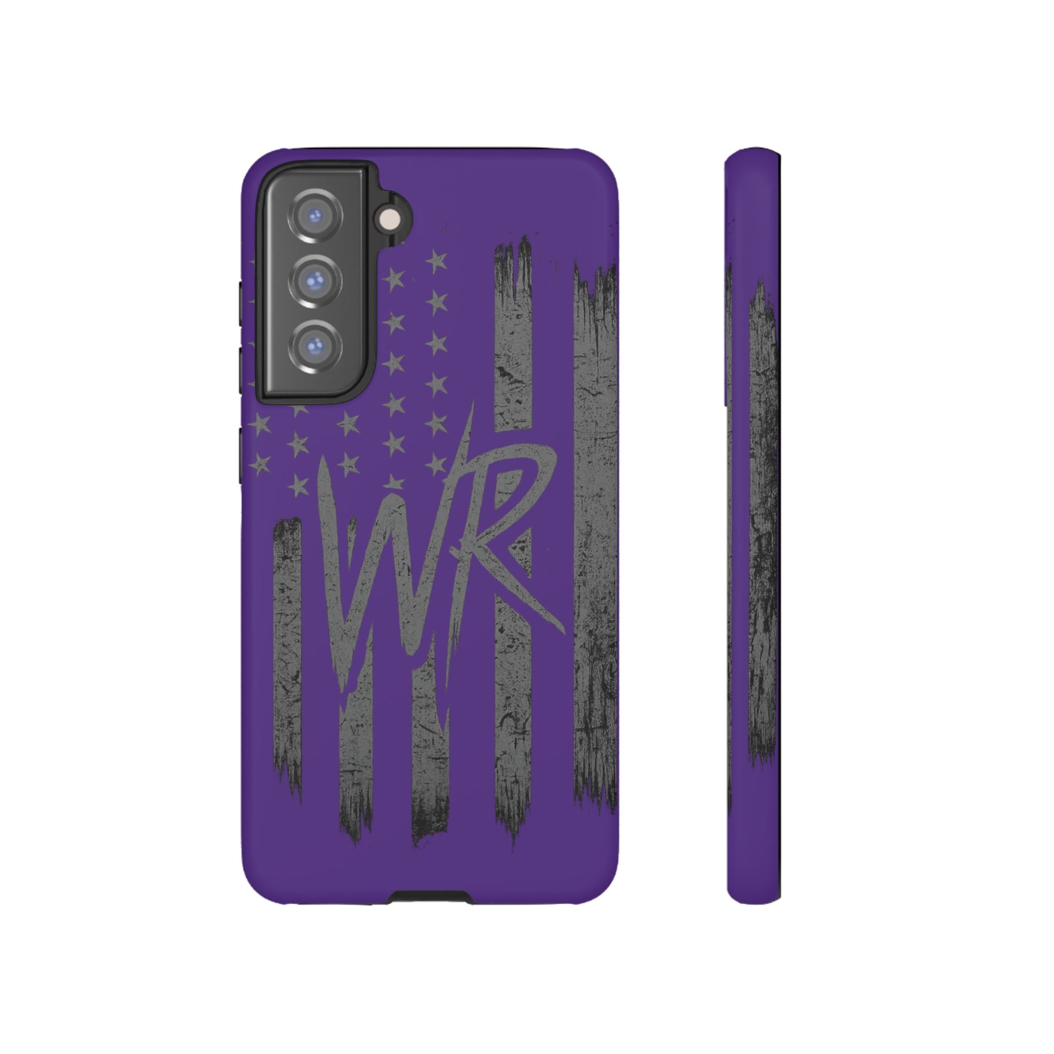 Purple 'WR' flag design Tough Phone Case by Printify, showcasing a durable exterior and vibrant colors.