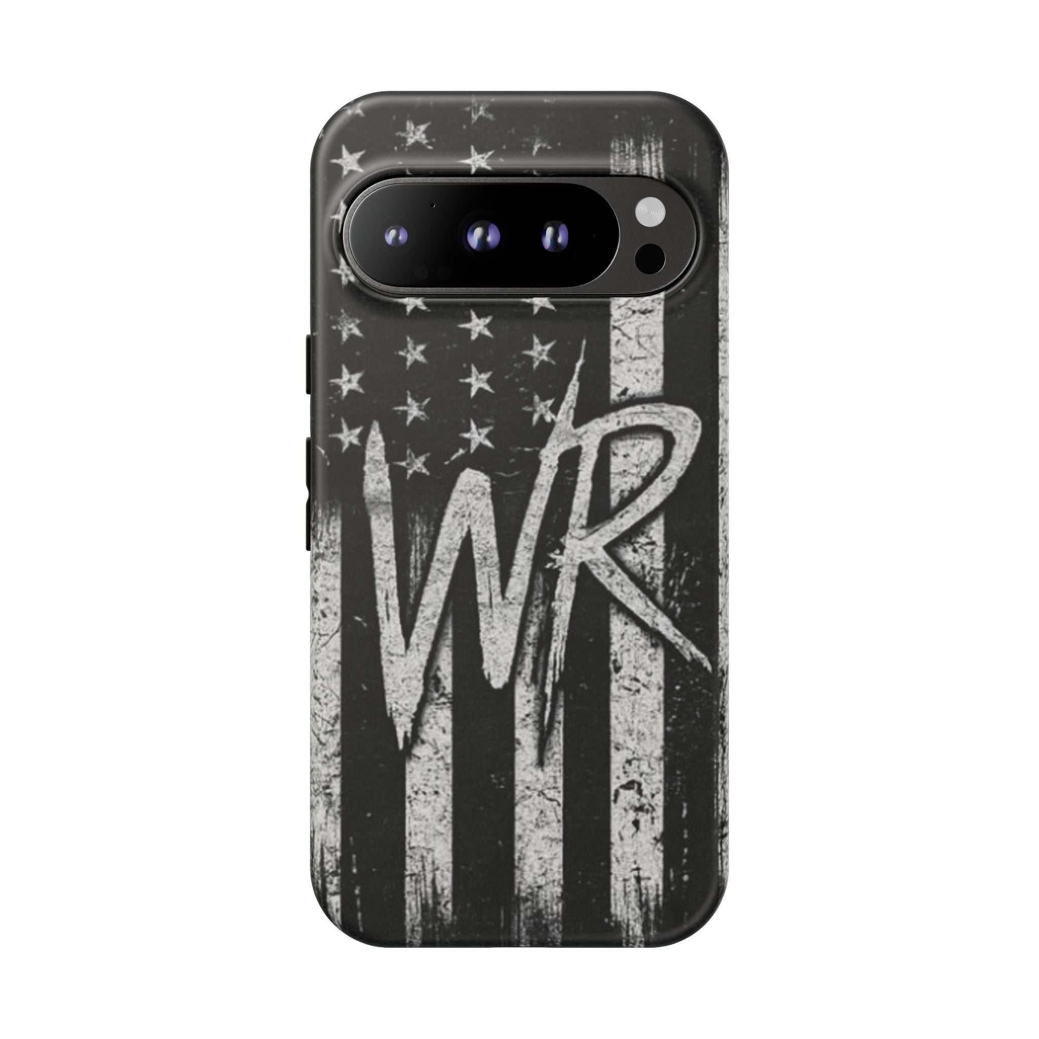 Patriotic monogram tough phone case featuring a distressed American flag design with the initials WR.
