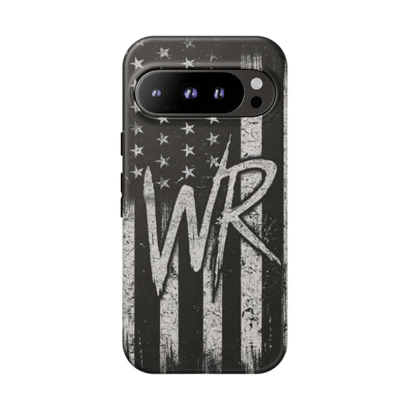Patriotic monogram tough phone case featuring a distressed American flag design with the initials WR.