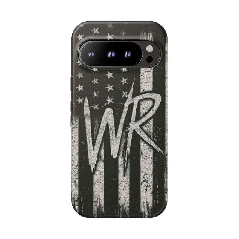 Patriotic monogram tough phone case featuring a distressed American flag design with the initials WR.
