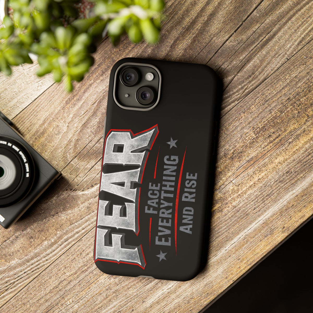 Fear Face Everything and Rise phone case by Printify featuring a bold design and durable material for protection.