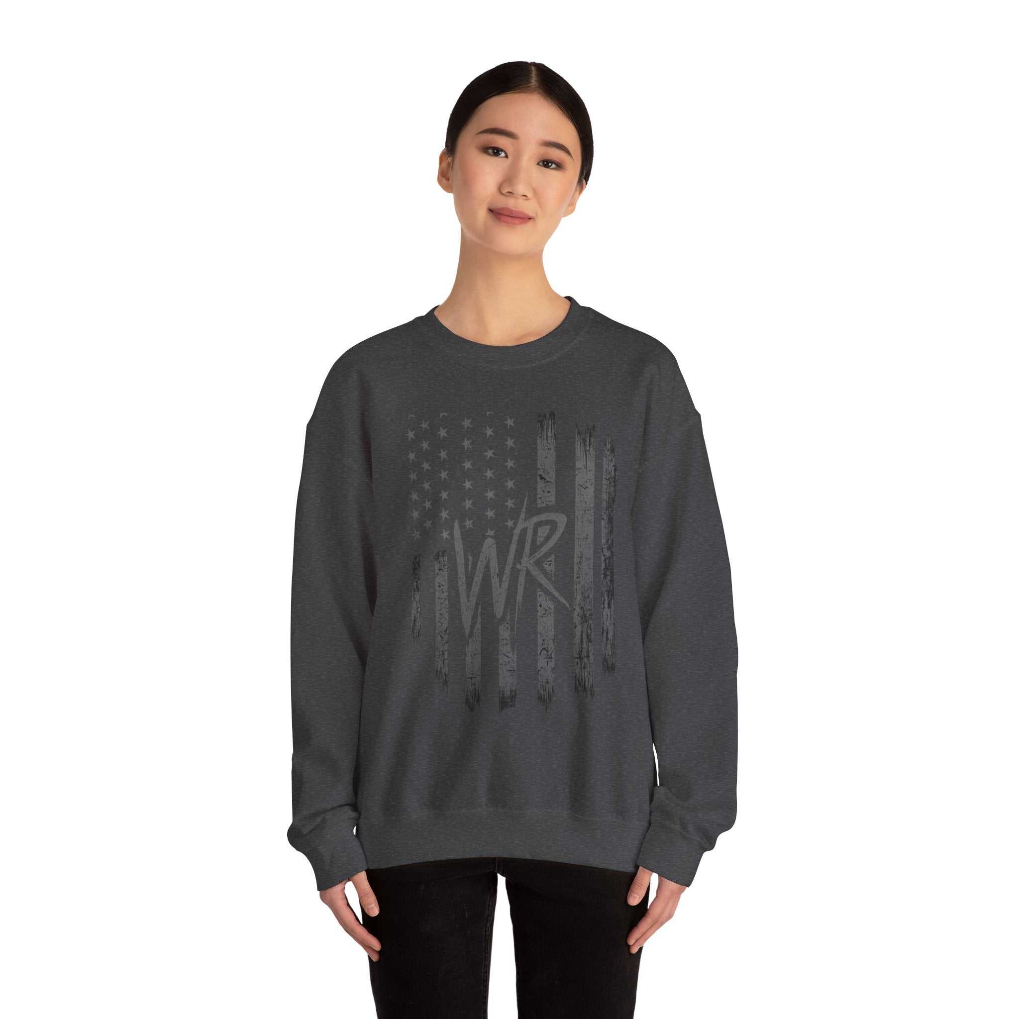 Distressed American Flag crewneck sweatshirt with WR monogram from Printify, showcasing a patriotic pullover design.
