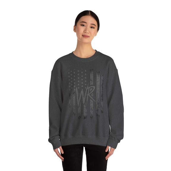 Distressed American Flag crewneck sweatshirt with WR monogram from Printify, showcasing a patriotic pullover design.