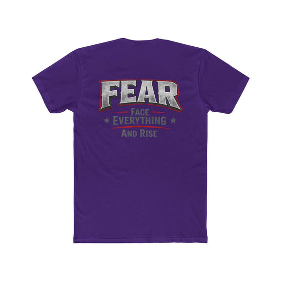 White FEAR Face Everything And Rise crew tee from Printify displayed on a flat surface with a minimalist background.