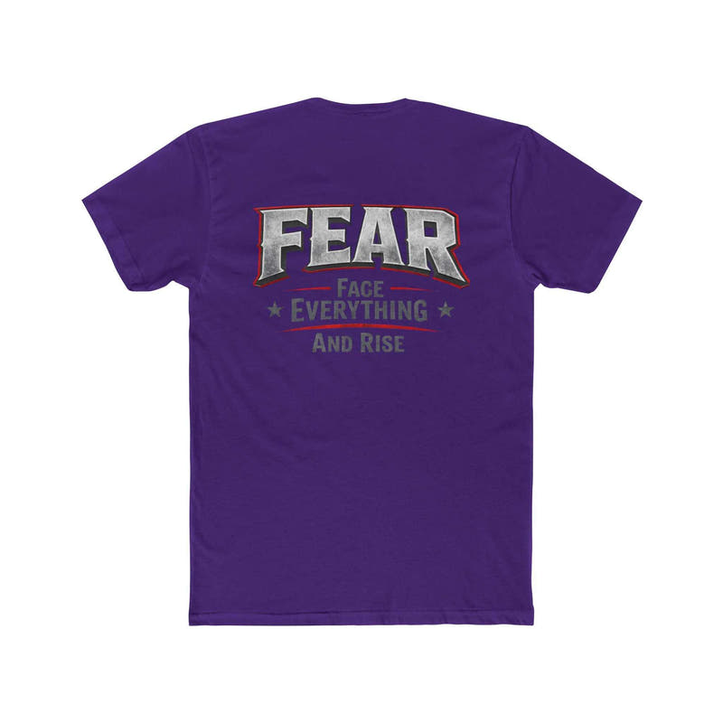 White FEAR Face Everything And Rise crew tee from Printify displayed on a flat surface with a minimalist background.