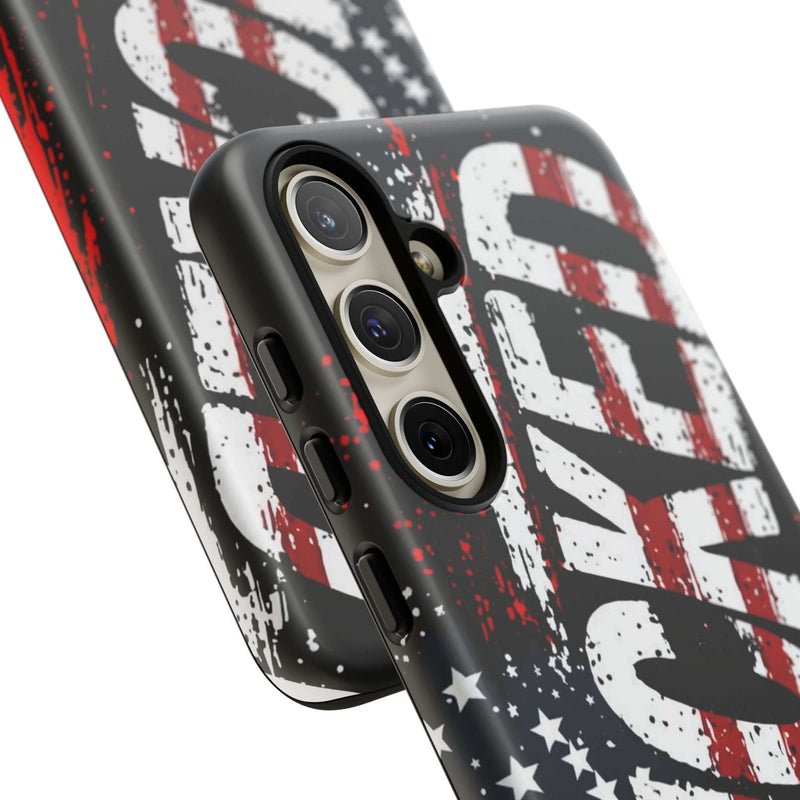 Distressed American flag phone case featuring "VETERAN" graphic by Printify for rugged protection.