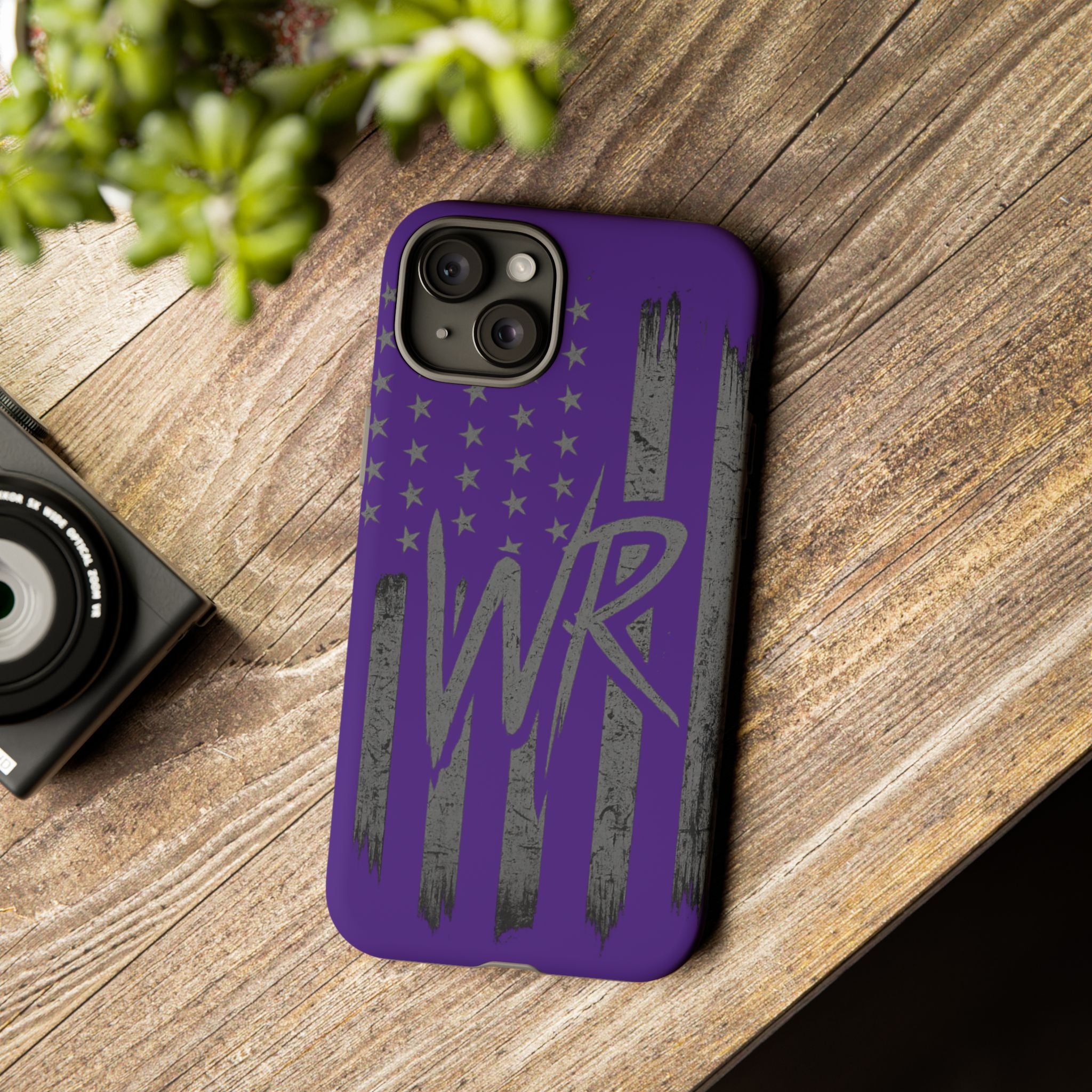 Purple 'WR' flag tough phone case by Printify, showcasing a durable design with vibrant colors and precise cutouts.
