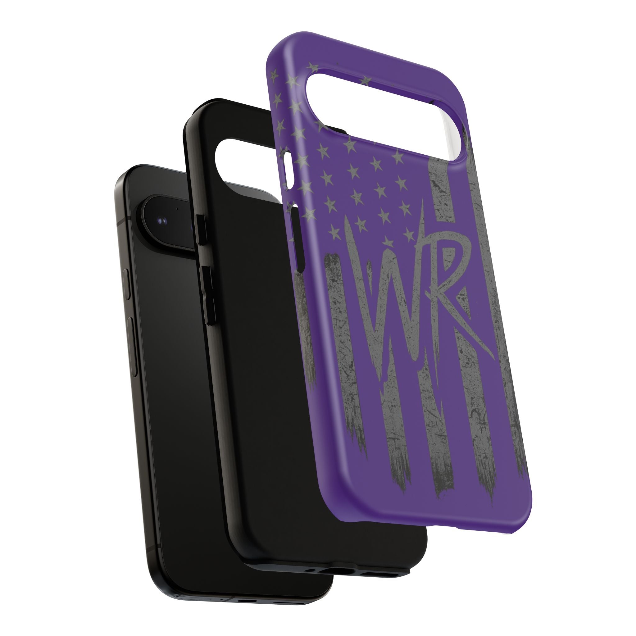 Purple 'WR' flag tough phone case by Printify, featuring a durable design and vibrant colors for protection.