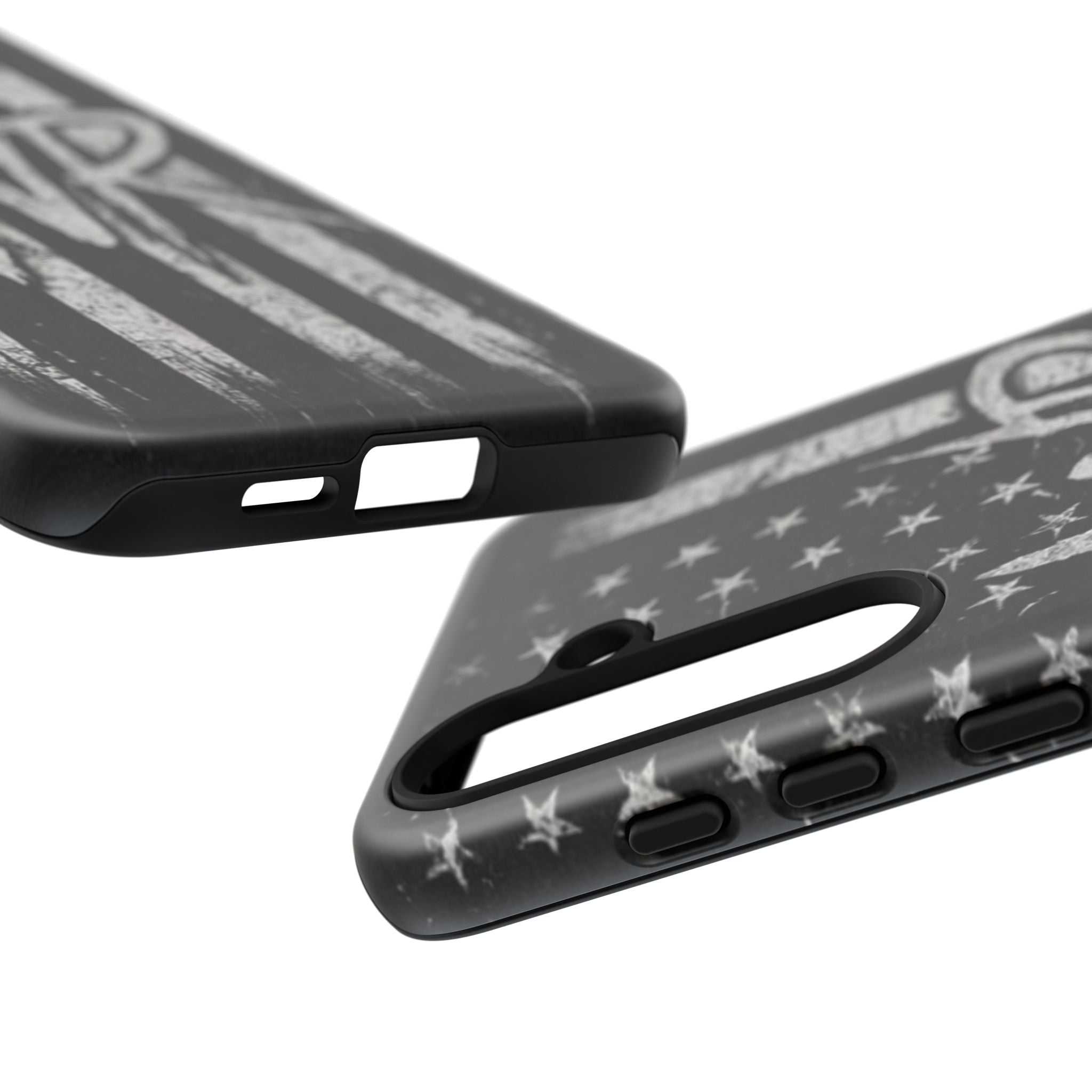 Patriotic monogram tough phone case featuring a distressed American flag design with WR initials by Printify.