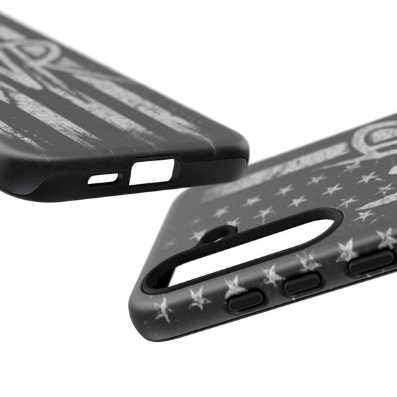 Patriotic monogram tough phone case featuring a distressed American flag design with WR initials by Printify.