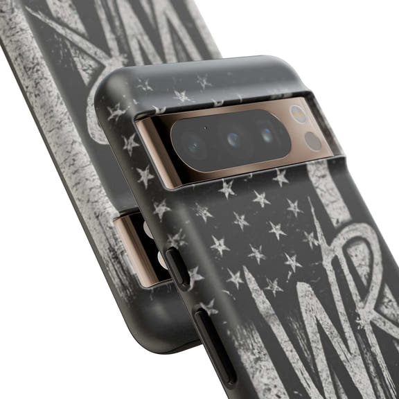 Distressed American flag phone case featuring a patriotic monogram "WR" by Printify. Durable and stylish design.