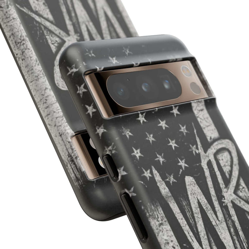 Distressed American flag phone case featuring a patriotic monogram "WR" by Printify. Durable and stylish design.