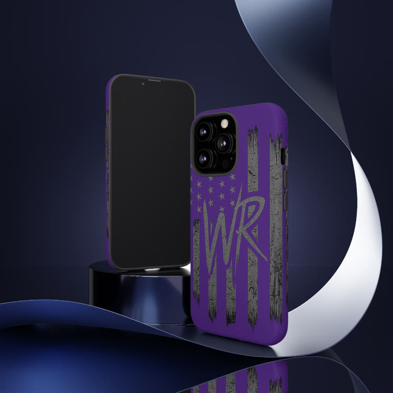 Purple 'WR' flag design Tough Phone Case by Printify, showcasing durable protection and vibrant color detail.