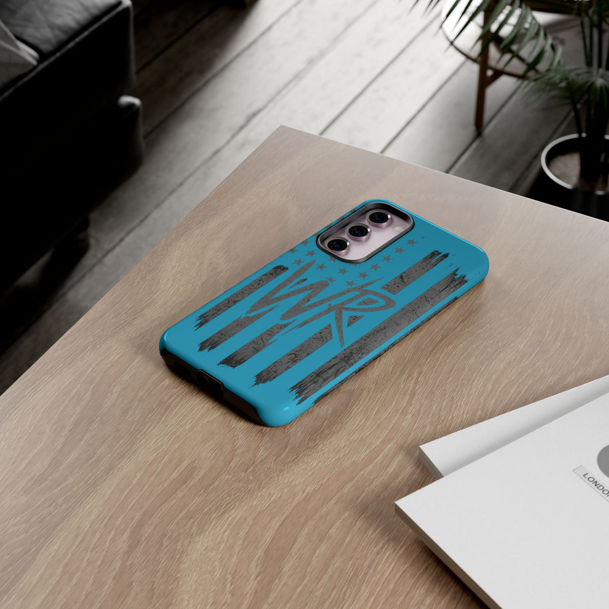 Patriotic blue 'WR' flag tough phone case by Printify, showcasing a durable design with vibrant flag colors.