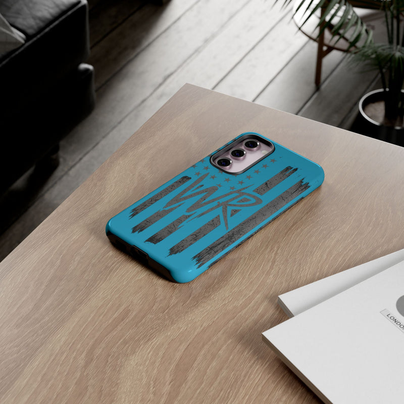 Patriotic blue 'WR' flag tough phone case by Printify, showcasing a durable design with vibrant flag colors.