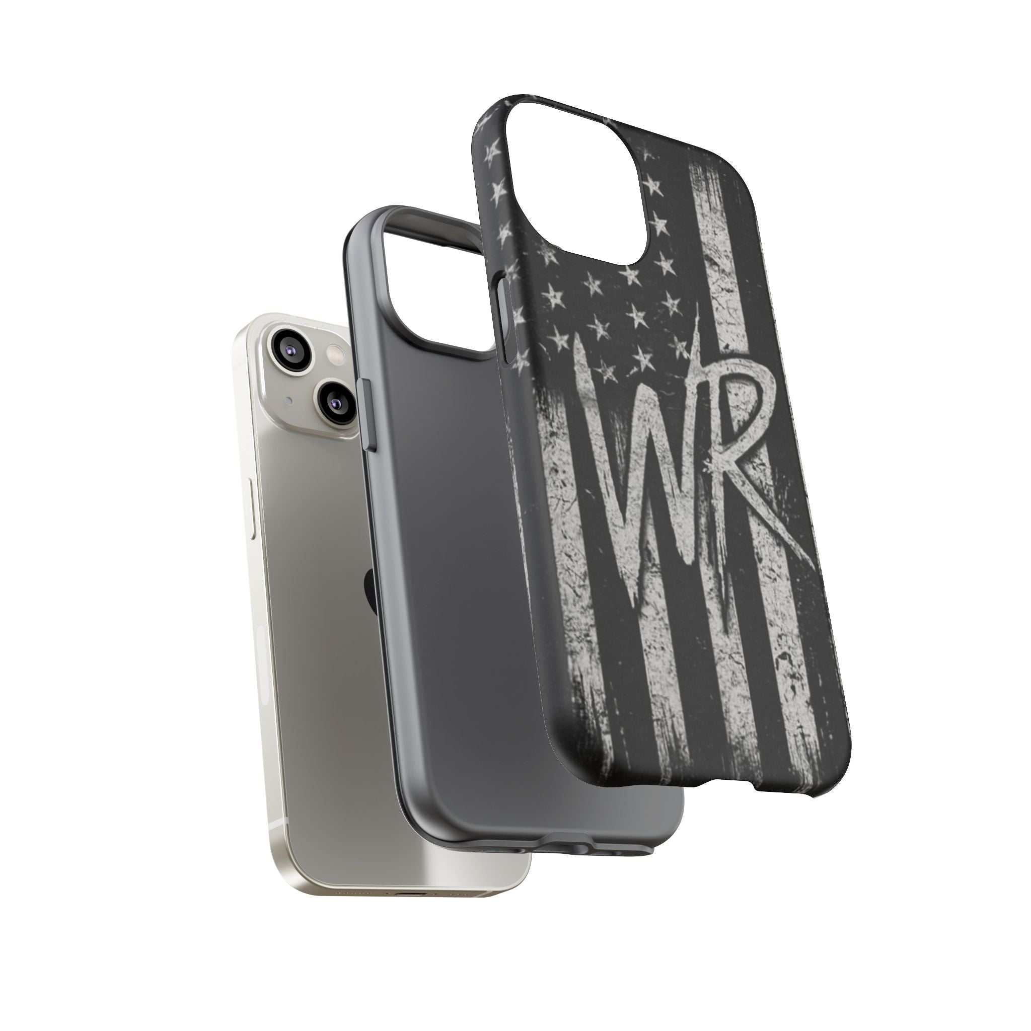 Distressed American flag phone case with WR monogram, showcasing a tough design by Printify.