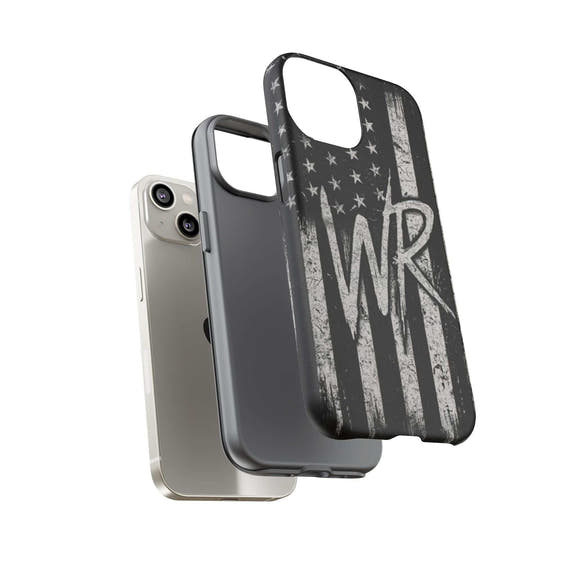 Distressed American flag phone case with WR monogram, showcasing a tough design by Printify.